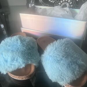 Fluffy Blue Slide Sandals